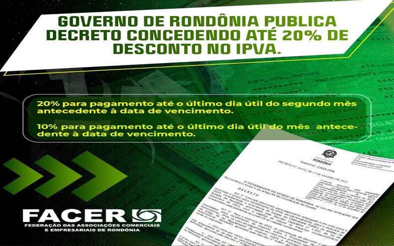 Associações Comerciais e FACER comemoram descontos no IPVA em Rondônia; contribuintes que já quitaram o imposto podem ter diferença restituída.